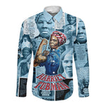 Harriet Tubman Long Sleeve Button Shirt Newspaper Collage Design We Out Quote Strong Woman Tribute Underground Railroad Legacy - African Pride