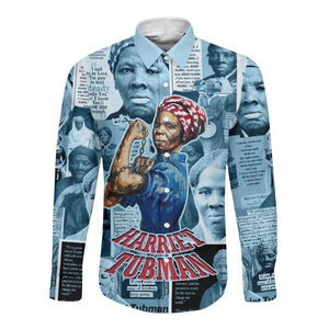Harriet Tubman Long Sleeve Button Shirt Newspaper Collage Design We Out Quote Strong Woman Tribute Underground Railroad Legacy - African Pride