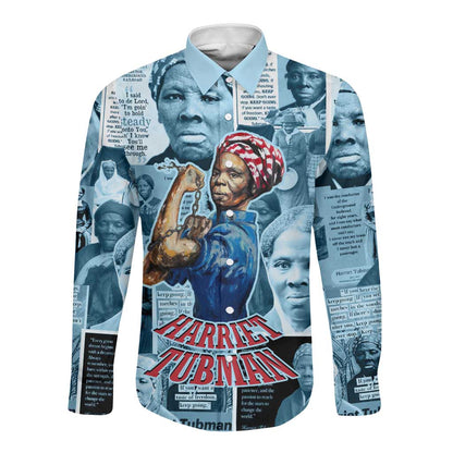 Harriet Tubman Long Sleeve Button Shirt Newspaper Collage Design We Out Quote Strong Woman Tribute Underground Railroad Legacy - African Pride