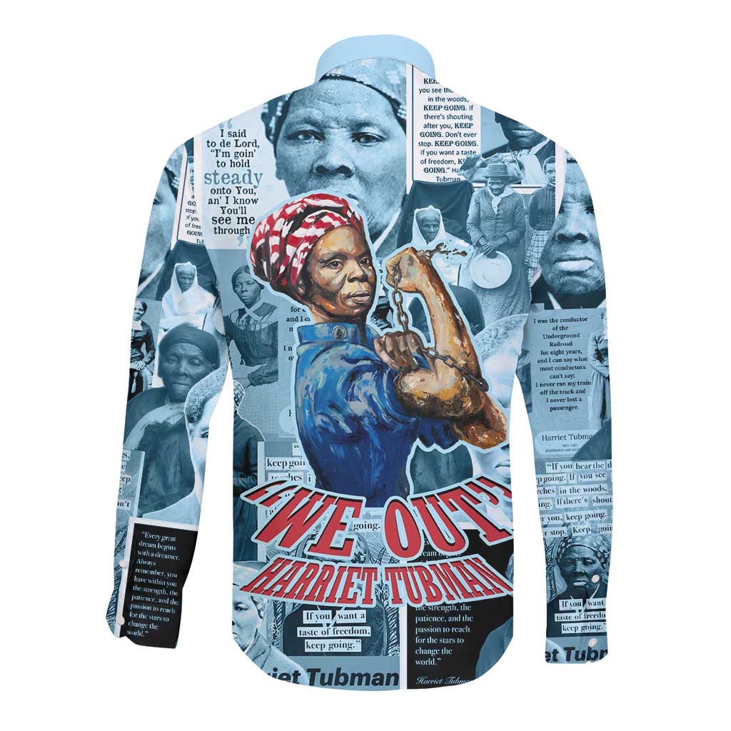 Harriet Tubman Long Sleeve Button Shirt Newspaper Collage Design We Out Quote Strong Woman Tribute Underground Railroad Legacy - African Pride