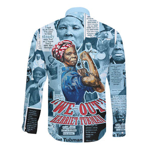 Harriet Tubman Long Sleeve Button Shirt Newspaper Collage Design We Out Quote Strong Woman Tribute Underground Railroad Legacy - African Pride