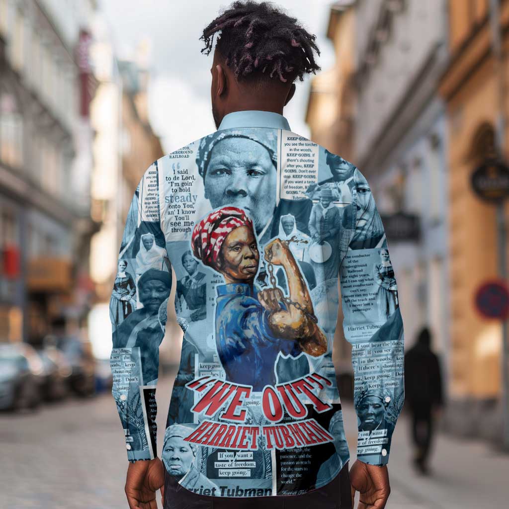 Harriet Tubman Long Sleeve Button Shirt Newspaper Collage Design We Out Quote Strong Woman Tribute Underground Railroad Legacy - African Pride