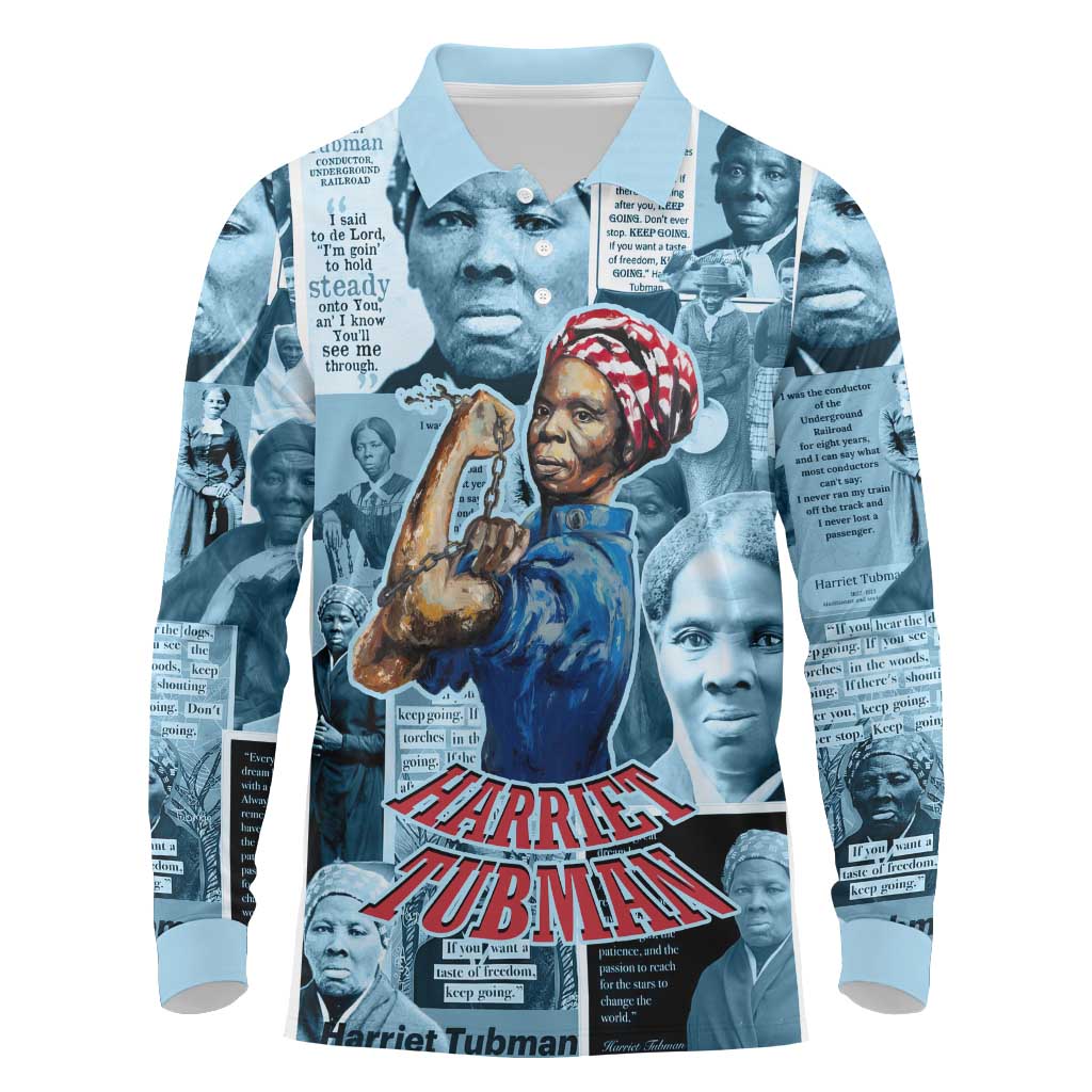 Harriet Tubman Long Sleeve Polo Shirt Newspaper Collage Design We Out Quote Strong Woman Tribute Underground Railroad Legacy - African Pride