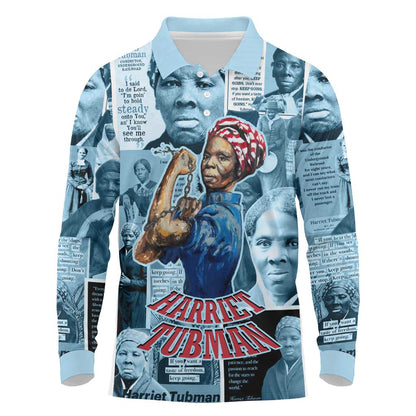 Harriet Tubman Long Sleeve Polo Shirt Newspaper Collage Design We Out Quote Strong Woman Tribute Underground Railroad Legacy - African Pride