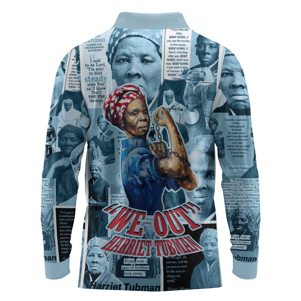 Harriet Tubman Long Sleeve Polo Shirt Newspaper Collage Design We Out Quote Strong Woman Tribute Underground Railroad Legacy - African Pride