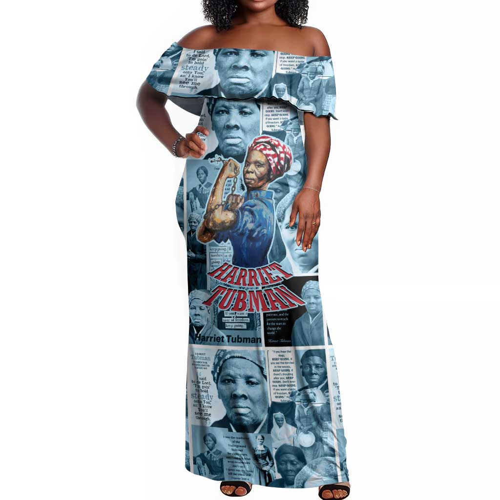 Harriet Tubman Off Shoulder Maxi Dress Newspaper Collage Design We Out Quote Strong Woman Tribute Underground Railroad Legacy - African Pride
