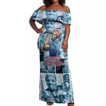 Harriet Tubman Off Shoulder Maxi Dress Newspaper Collage Design We Out Quote Strong Woman Tribute Underground Railroad Legacy - African Pride
