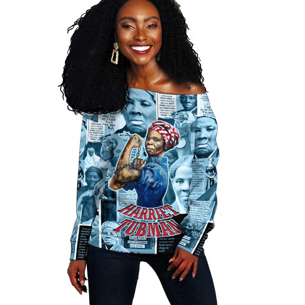 Harriet Tubman Off Shoulder Sweater Newspaper Collage Design We Out Quote Strong Woman Tribute Underground Railroad Legacy - African Pride