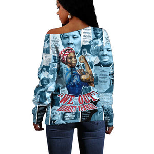 Harriet Tubman Off Shoulder Sweater Newspaper Collage Design We Out Quote Strong Woman Tribute Underground Railroad Legacy - African Pride