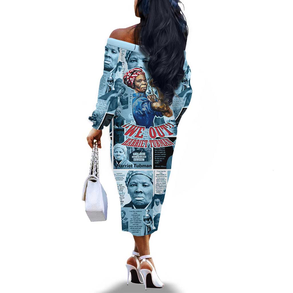 Harriet Tubman Off The Shoulder Long Sleeve Dress Newspaper Collage Design We Out Quote Strong Woman Tribute Underground Railroad Legacy - African Pride