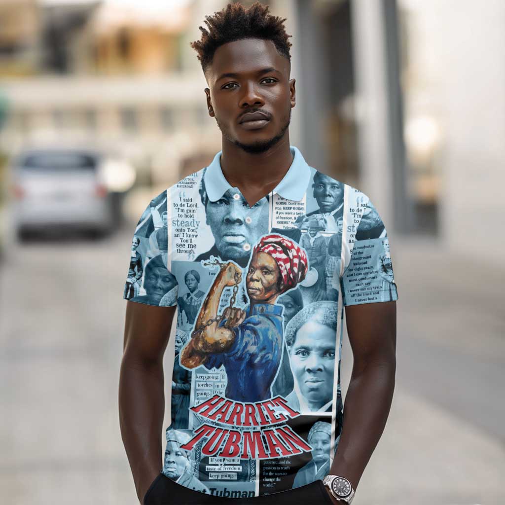 Harriet Tubman Polo Shirt Newspaper Collage Design We Out Quote Strong Woman Tribute Underground Railroad Legacy TS04