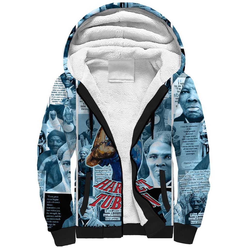 Harriet Tubman Sherpa Hoodie Newspaper Collage Design We Out Quote Strong Woman Tribute Underground Railroad Legacy - African Pride