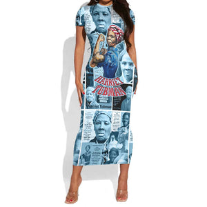 Harriet Tubman Short Sleeve Bodycon Dress Newspaper Collage Design We Out Quote Strong Woman Tribute Underground Railroad Legacy TS04