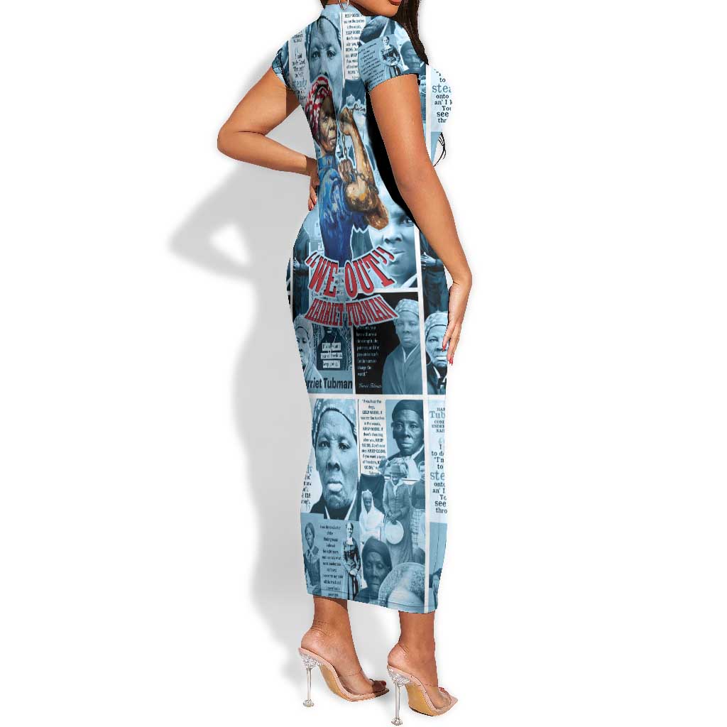 Harriet Tubman Short Sleeve Bodycon Dress Newspaper Collage Design We Out Quote Strong Woman Tribute Underground Railroad Legacy TS04