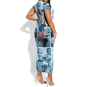 Harriet Tubman Short Sleeve Bodycon Dress Newspaper Collage Design We Out Quote Strong Woman Tribute Underground Railroad Legacy TS04