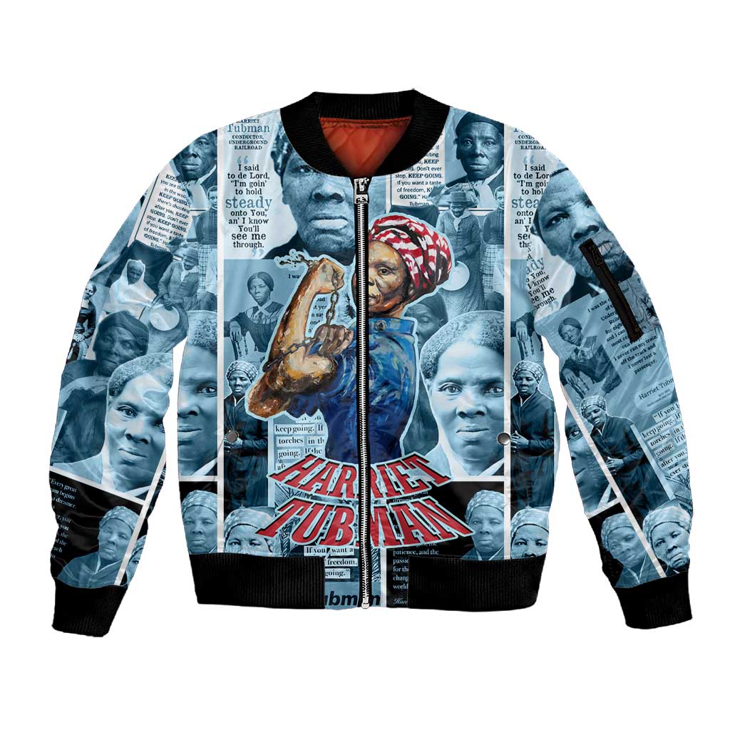 Harriet Tubman Sleeve Zip Bomber Jacket Newspaper Collage Design We Out Quote Strong Woman Tribute Underground Railroad Legacy - African Pride