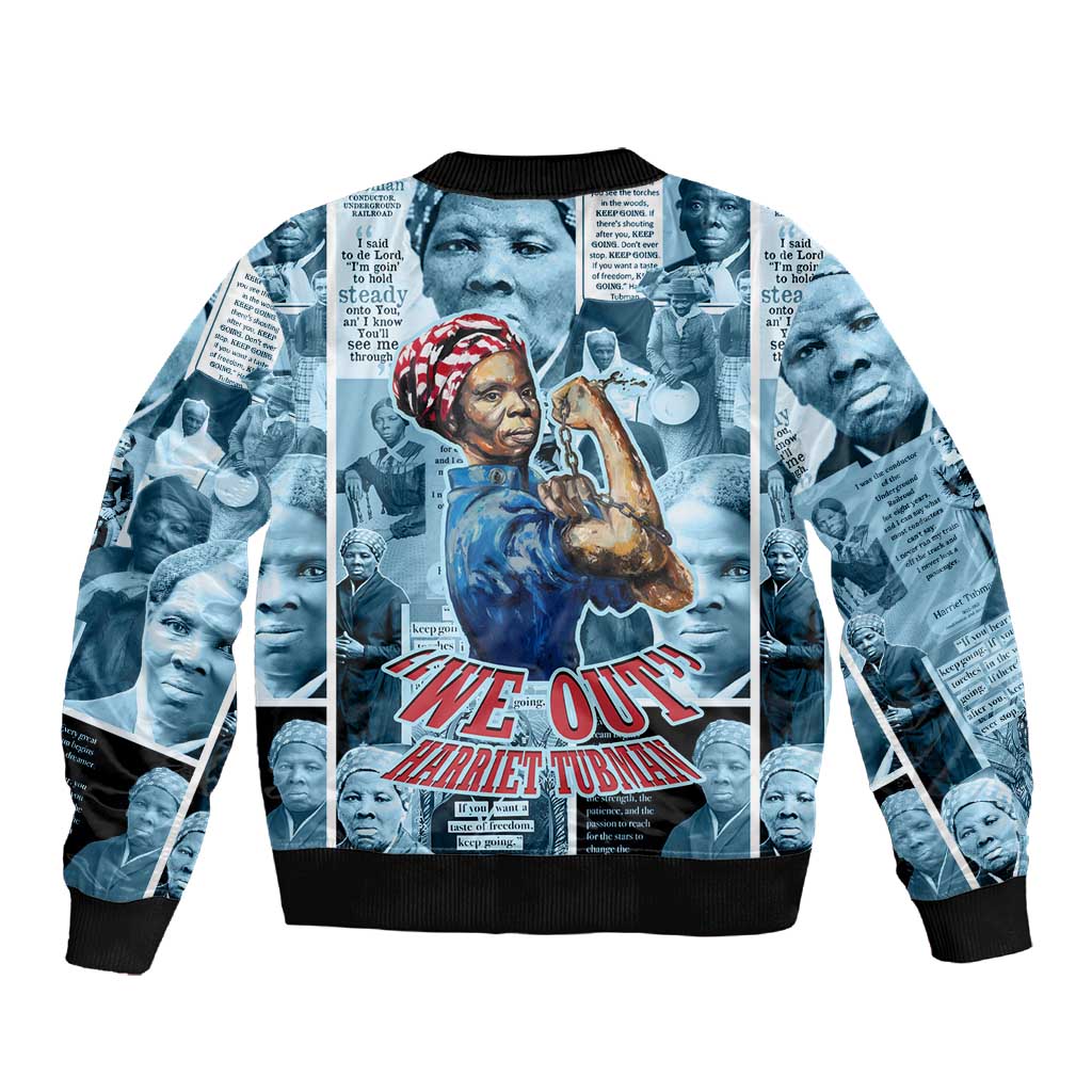Harriet Tubman Sleeve Zip Bomber Jacket Newspaper Collage Design We Out Quote Strong Woman Tribute Underground Railroad Legacy - African Pride