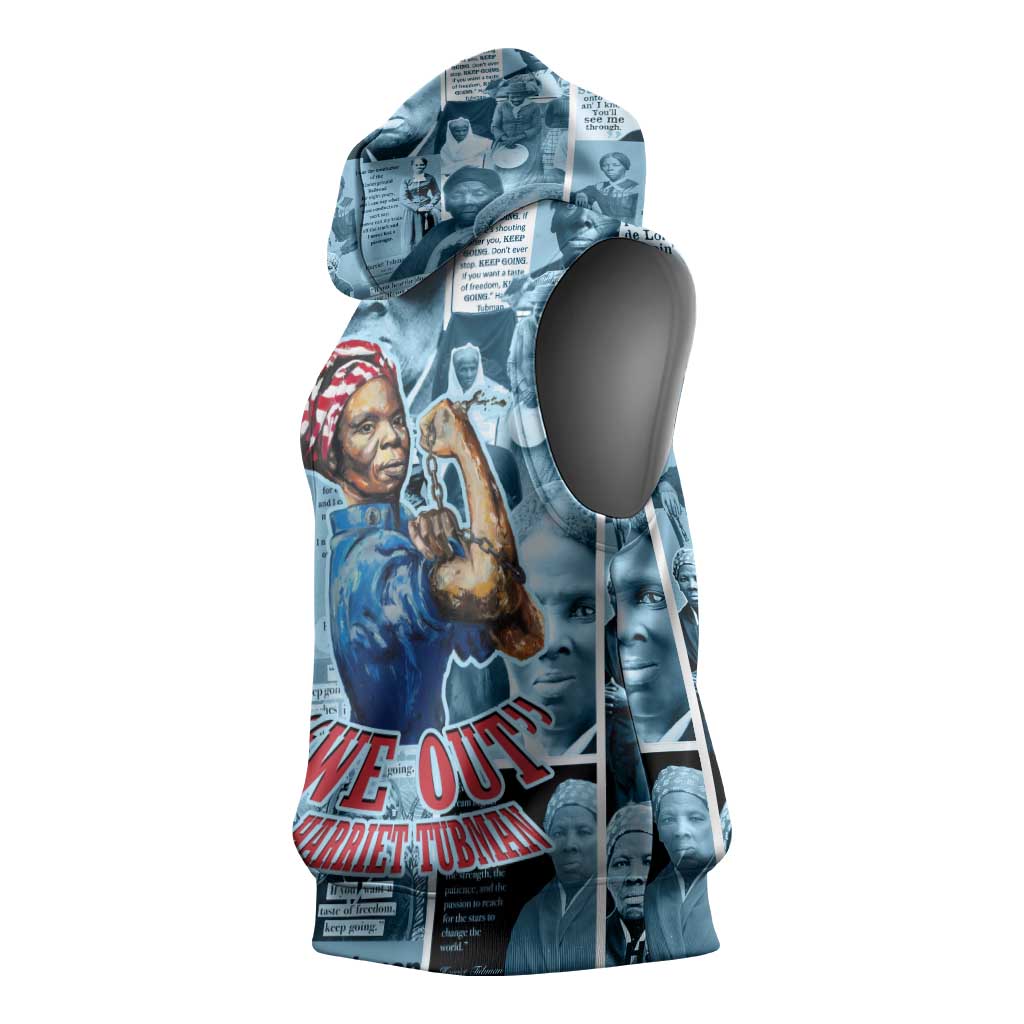 Harriet Tubman Sleeveless Hoodie Newspaper Collage Design We Out Quote Strong Woman Tribute Underground Railroad Legacy - African Pride