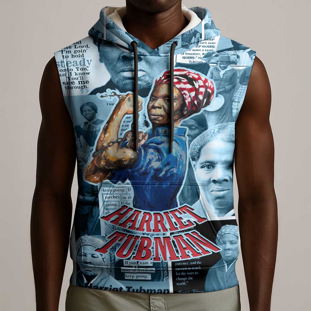 Harriet Tubman Sleeveless Hoodie Newspaper Collage Design We Out Quote Strong Woman Tribute Underground Railroad Legacy - African Pride