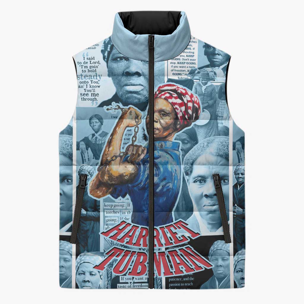 Harriet Tubman Sleeveless Puffer Jacket Newspaper Collage Design We Out Quote Strong Woman Tribute Underground Railroad Legacy - African Pride
