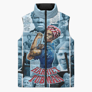 Harriet Tubman Sleeveless Puffer Jacket Newspaper Collage Design We Out Quote Strong Woman Tribute Underground Railroad Legacy - African Pride