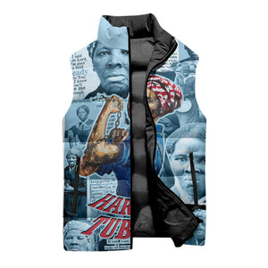 Harriet Tubman Sleeveless Puffer Jacket Newspaper Collage Design We Out Quote Strong Woman Tribute Underground Railroad Legacy - African Pride