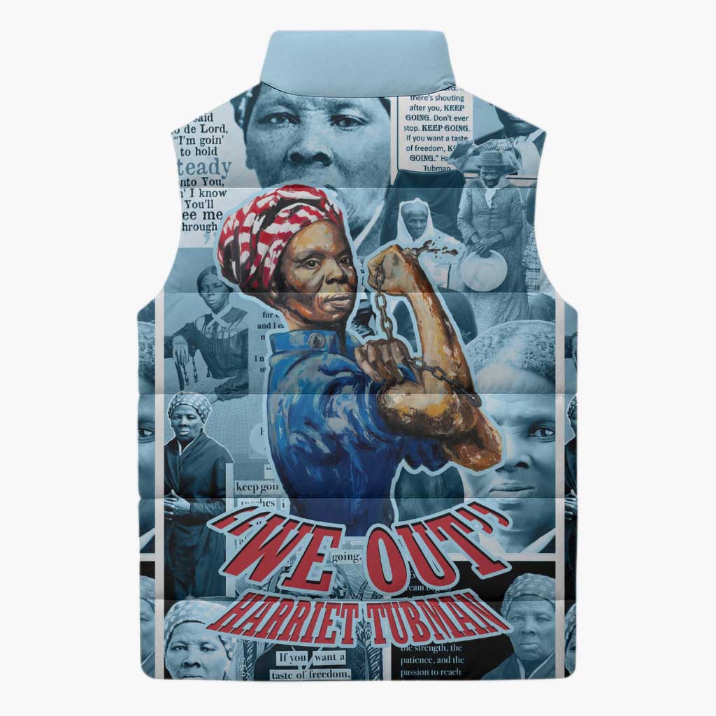 Harriet Tubman Sleeveless Puffer Jacket Newspaper Collage Design We Out Quote Strong Woman Tribute Underground Railroad Legacy - African Pride