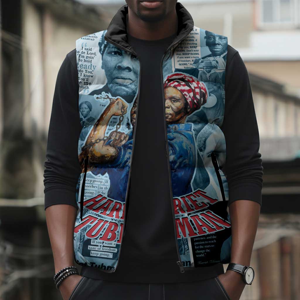 Harriet Tubman Sleeveless Puffer Jacket Newspaper Collage Design We Out Quote Strong Woman Tribute Underground Railroad Legacy - African Pride