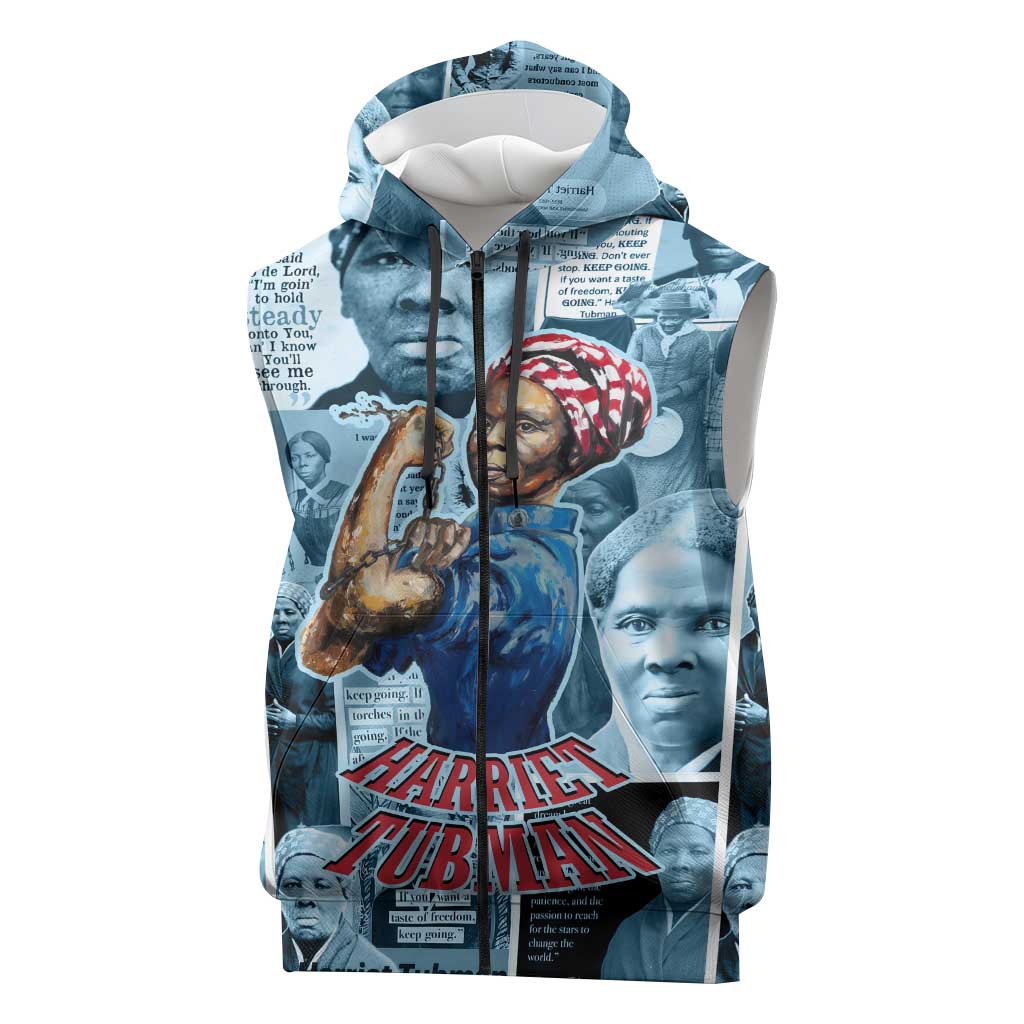 Harriet Tubman Sleeveless Zip Hoodie Newspaper Collage Design We Out Quote Strong Woman Tribute Underground Railroad Legacy - African Pride