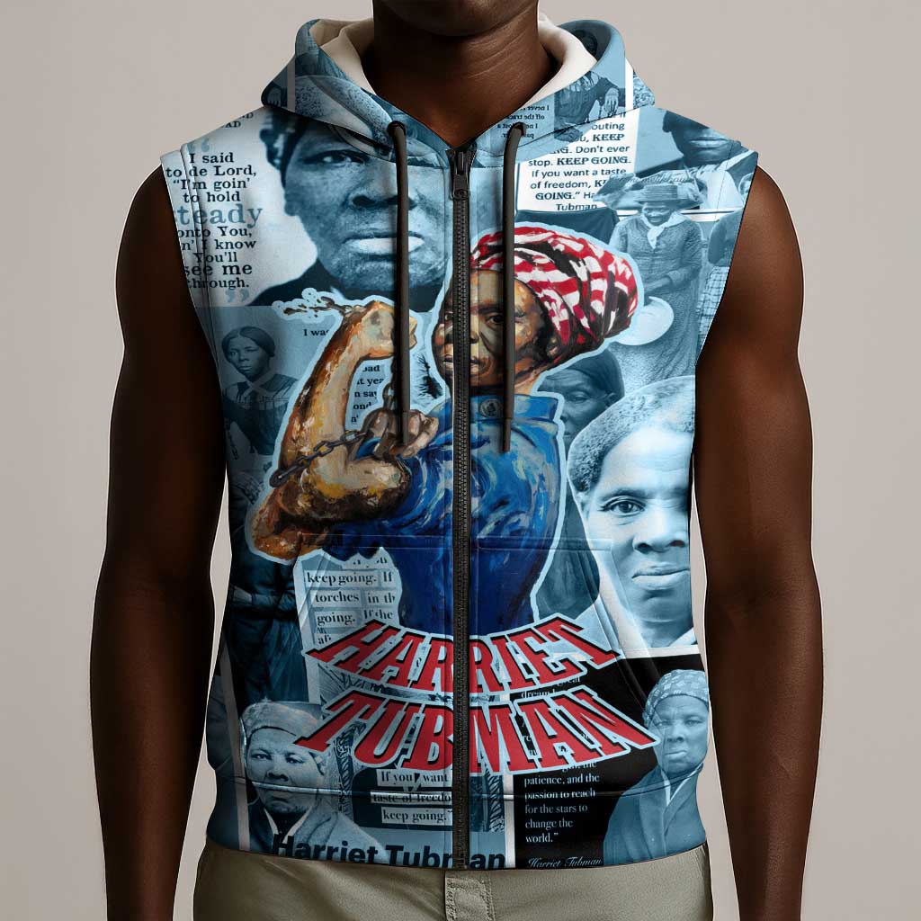 Harriet Tubman Sleeveless Zip Hoodie Newspaper Collage Design We Out Quote Strong Woman Tribute Underground Railroad Legacy - African Pride