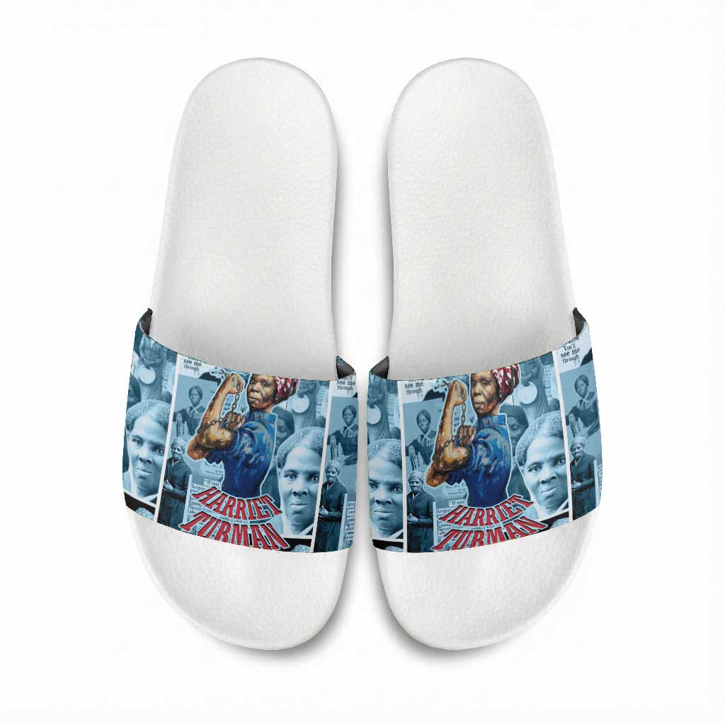 Harriet Tubman Slide Sandals Newspaper Collage Design We Out Quote Strong Woman Tribute Underground Railroad Legacy - African Pride