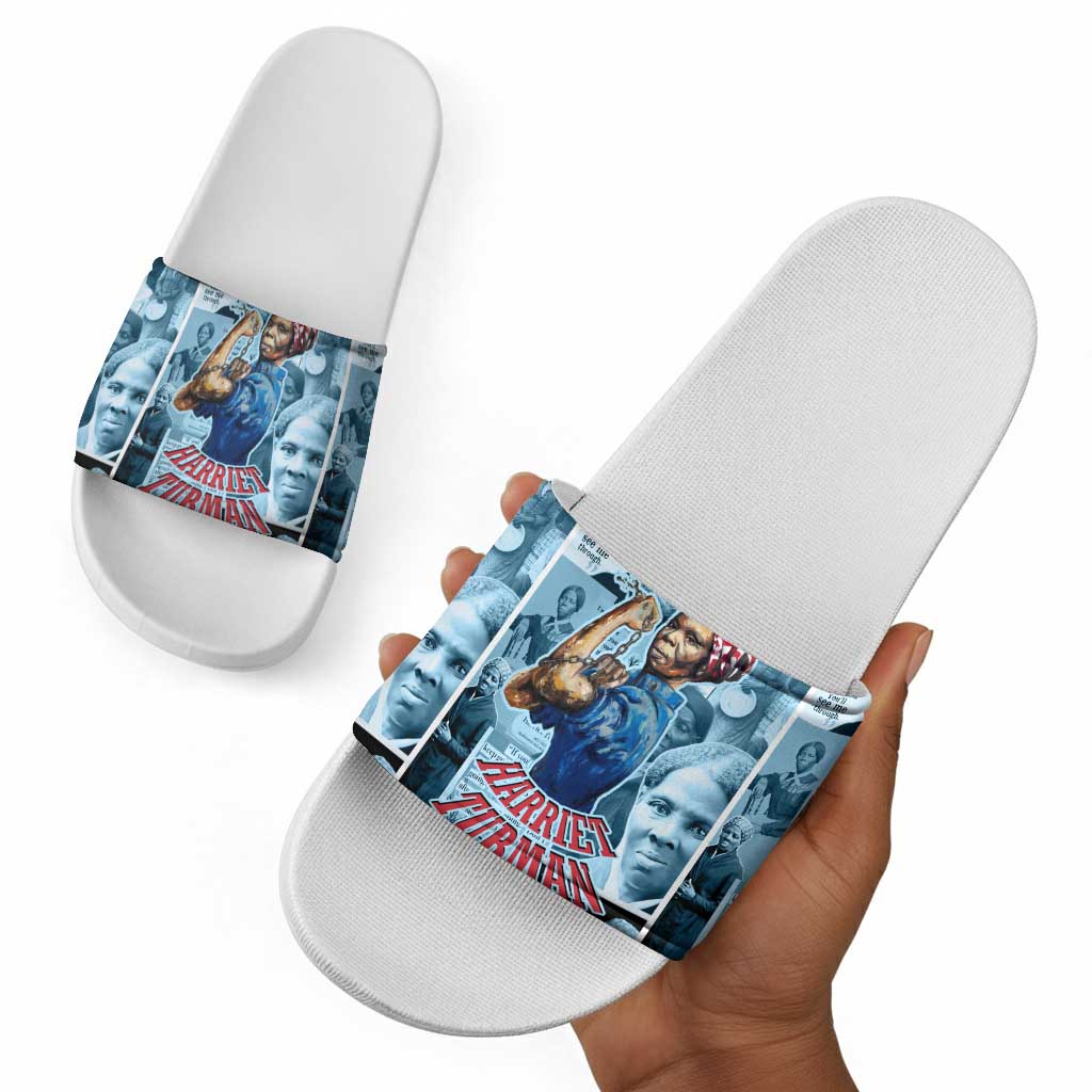 Harriet Tubman Slide Sandals Newspaper Collage Design We Out Quote Strong Woman Tribute Underground Railroad Legacy - African Pride