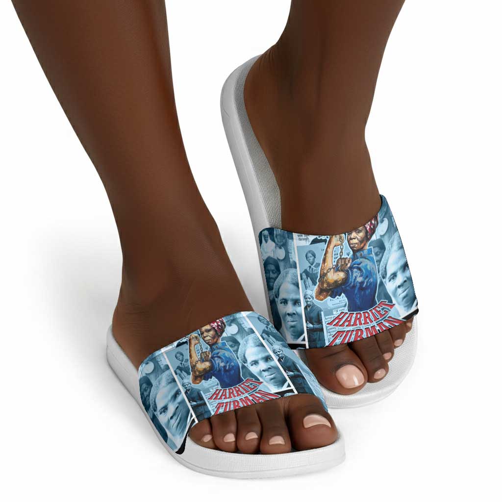 Harriet Tubman Slide Sandals Newspaper Collage Design We Out Quote Strong Woman Tribute Underground Railroad Legacy - African Pride