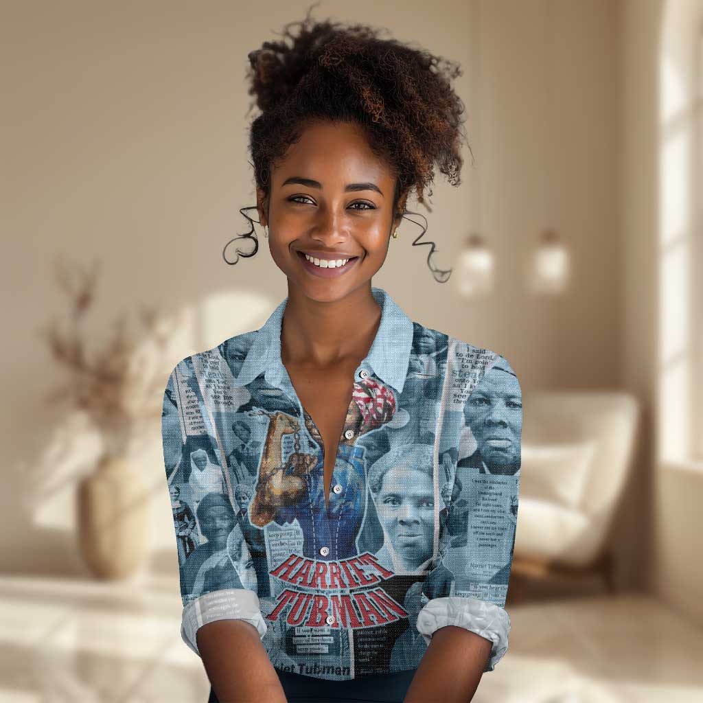 Harriet Tubman Women Casual Shirt Newspaper Collage Design We Out Quote Strong Woman Tribute Underground Railroad Legacy - African Pride