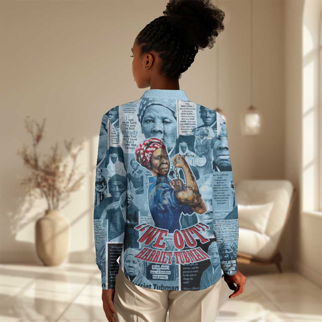 Harriet Tubman Women Casual Shirt Newspaper Collage Design We Out Quote Strong Woman Tribute Underground Railroad Legacy - African Pride