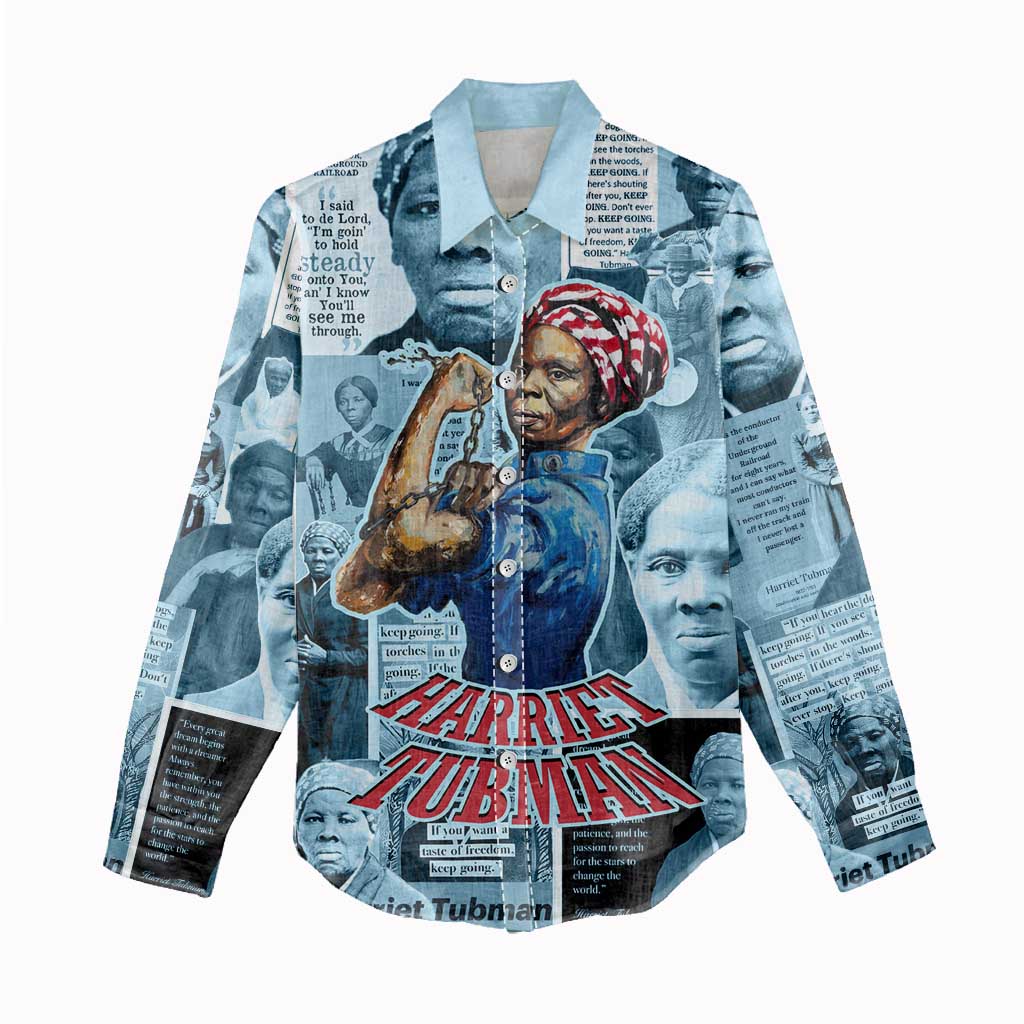 Harriet Tubman Women Casual Shirt Newspaper Collage Design We Out Quote Strong Woman Tribute Underground Railroad Legacy - African Pride