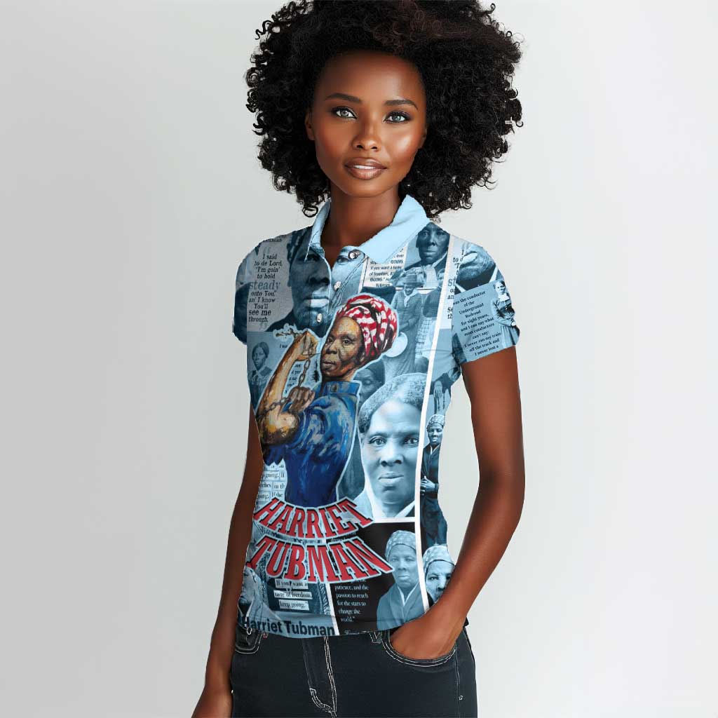 Harriet Tubman Women Polo Shirt Newspaper Collage Design We Out Quote Strong Woman Tribute Underground Railroad Legacy TS04