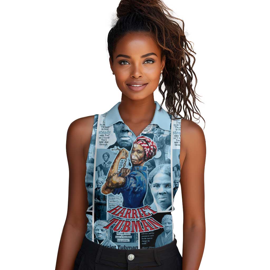 Harriet Tubman Women Sleeveless Polo Shirt Newspaper Collage Design We Out Quote Strong Woman Tribute Underground Railroad Legacy - African Pride