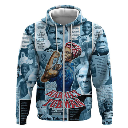 Harriet Tubman Zip Hoodie Newspaper Collage Design We Out Quote Strong Woman Tribute Underground Railroad Legacy - African Pride