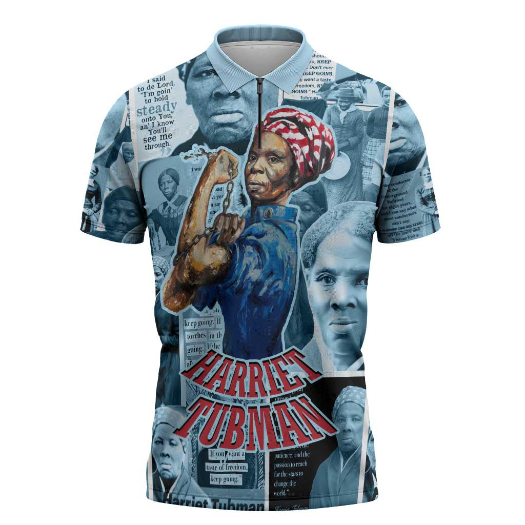 Harriet Tubman Zipper Polo Shirt Newspaper Collage Design We Out Quote Strong Woman Tribute Underground Railroad Legacy - African Pride