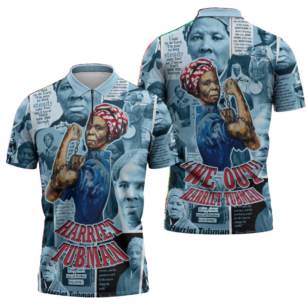 Harriet Tubman Zipper Polo Shirt Newspaper Collage Design We Out Quote Strong Woman Tribute Underground Railroad Legacy - African Pride