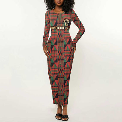 Black Heritage Tree Long Sleeve Bodycon Dress African Root Black History Kente Pattern