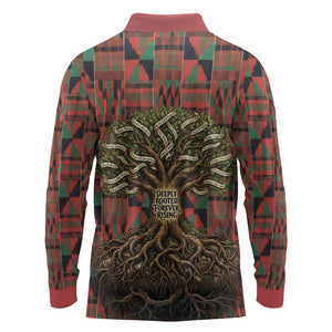 Black Heritage Tree Long Sleeve Polo Shirt African Root Black History Kente Pattern