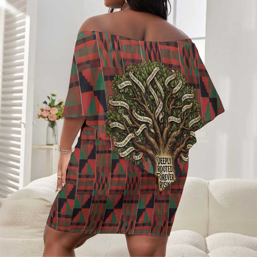 Black Heritage Tree Off Shoulder Short Dress African Root Black History Kente Pattern