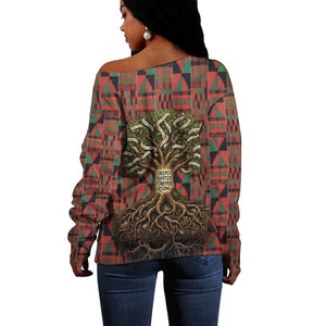 Black Heritage Tree Off Shoulder Sweater African Root Black History Kente Pattern
