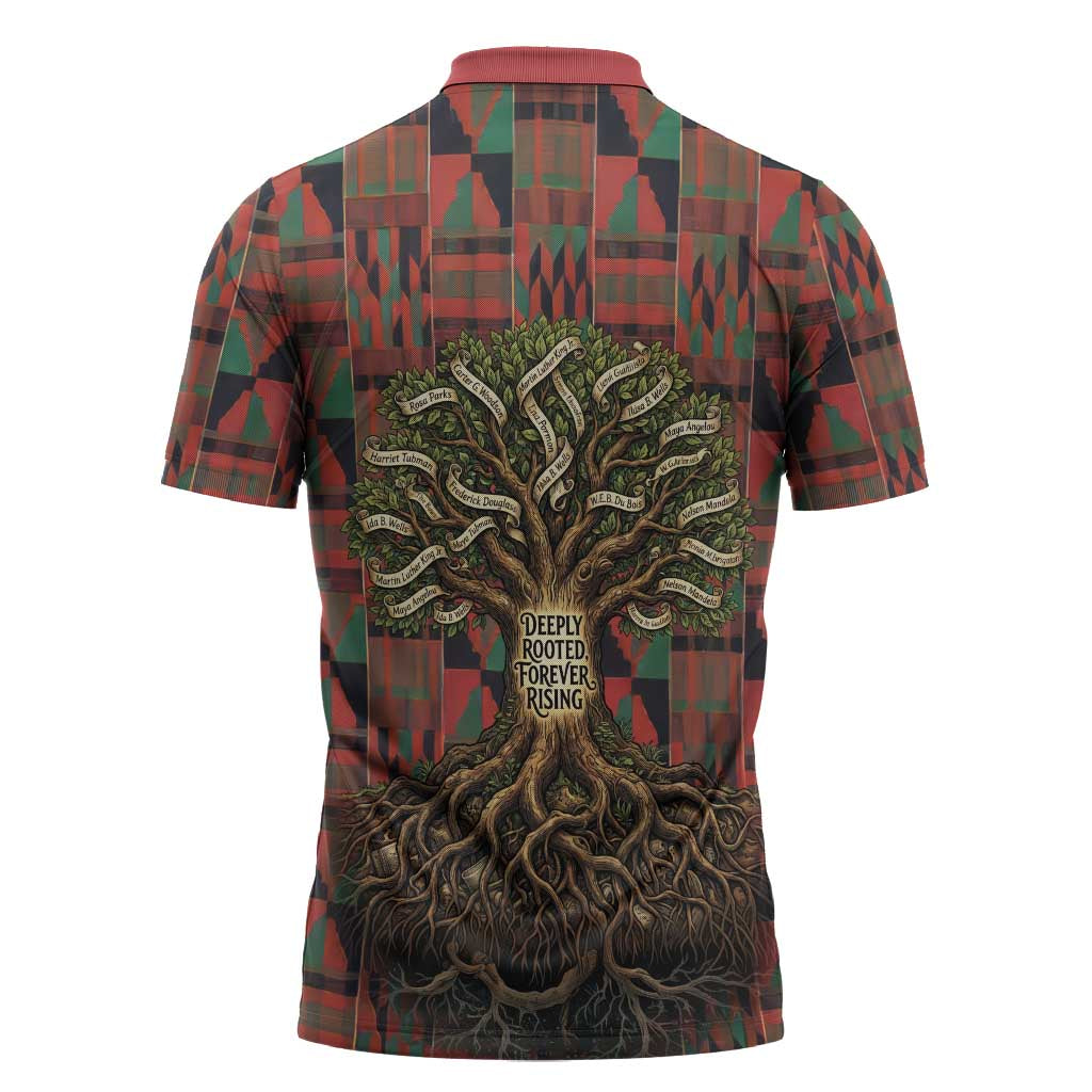 Black Heritage Tree Zipper Polo Shirt African Root Black History Kente Pattern