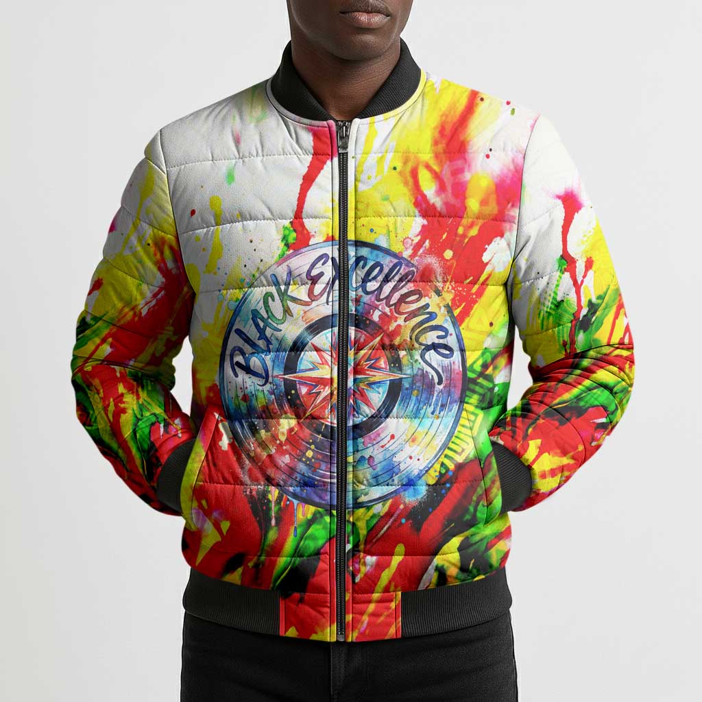 MLK Black Excellence Bomber Puffer Jacket Martin Luther King Jr Colorful Abstract Watercolor