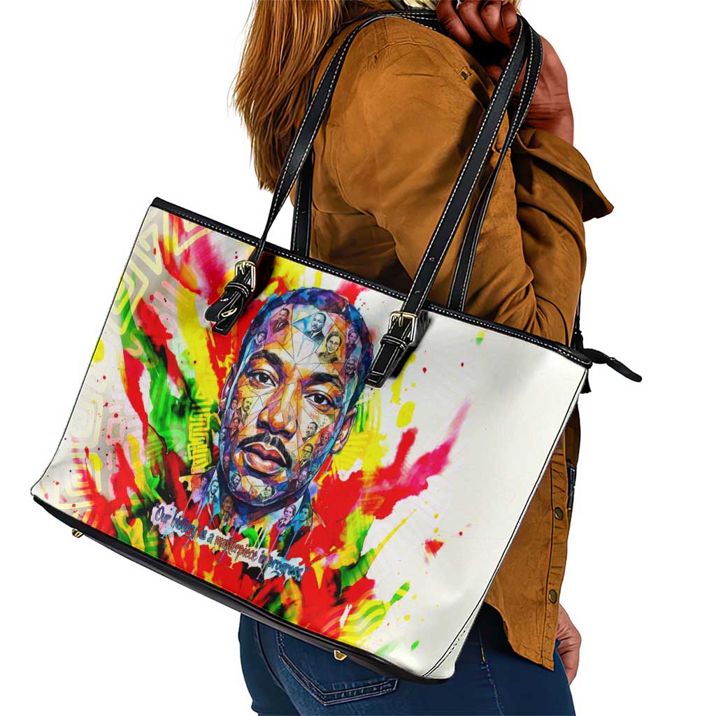 MLK Black Excellence Leather Tote Bag Martin Luther King Jr Colorful Abstract Watercolor