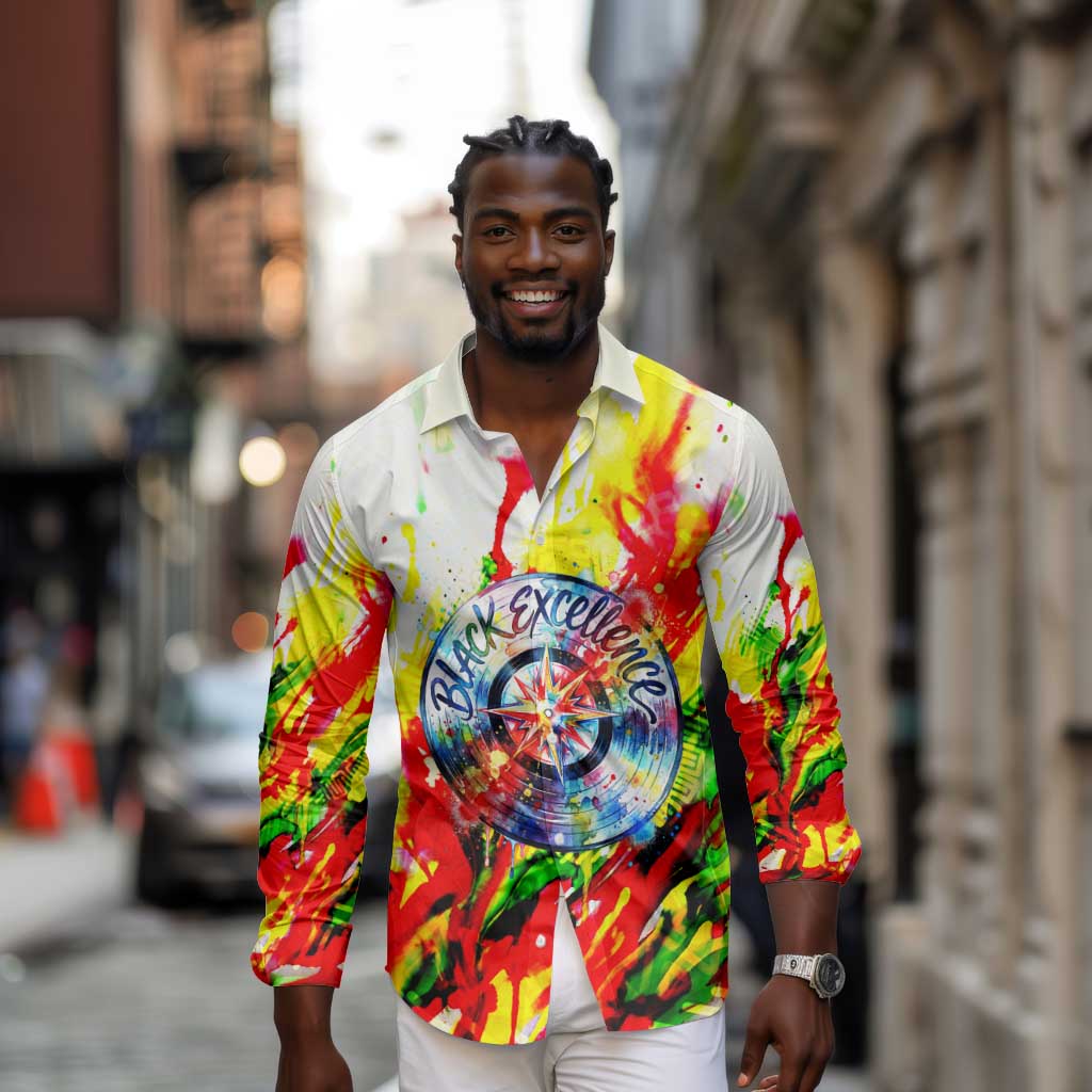 MLK Black Excellence Long Sleeve Button Shirt Martin Luther King Jr Colorful Abstract Watercolor