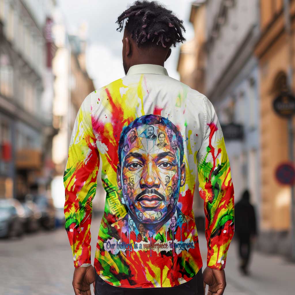 MLK Black Excellence Long Sleeve Button Shirt Martin Luther King Jr Colorful Abstract Watercolor